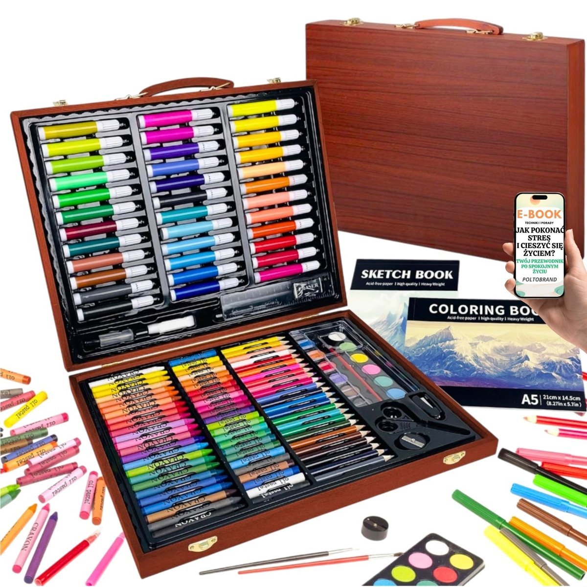 Mega Zestaw Artystyczny 150 el. – Drewniana Aktówka z Farbami, Kredkami, Akwarelami i Notesem PREZENT NA URODZINY DLA DZIEWCZYNKI I CHŁOPCA + EBOOK-1