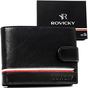 ROVICKY Klasyczny skórzany poziomy portfel męski na zatrzask czarny duży i funkcjonalny na katy gotówkę prezent antykradzieżowy ochrona RFID - Portfele - miniaturka - grafika 1