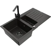 Zlewozmywaki z baterią - Mexen Matias zlewozmywak granitowy 1,5-komorowy z ociekaczem i baterią kuchenną Rita, czarny/złoty - miniaturka - grafika 1