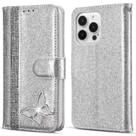 Portfele - Do iPhone 13 Pro Brokatowe Skórzane Etui z Metalowym Pokrowcem na Portfel Diamond Buttery - Srebrny Wielobarwny Silver - miniaturka - grafika 1