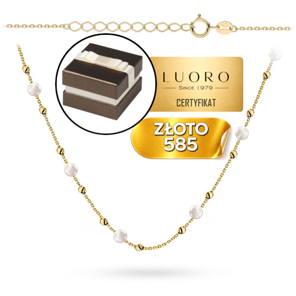 NASZYJNIK ZŁOTY 585 14K KULKI PERŁY NATURALNE 40 CM +3 CM REGULACJA