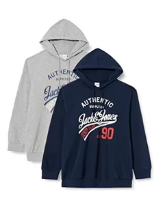 JACK&JONES PLUS Męska bluza z kapturem JJETHAN Sweat Hood 2PK PLS MP, granatowy blezer/pak: granatowy + LGM, 3XL, Navy Blazer/opakowanie: granatowy blezer + Lgm, 3XL - Bluzy męskie - miniaturka - grafika 1