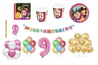 Miseczki i talerzyki dla dzieci - Zestaw Urodzinowy Masza 9 Urodziny Balony Kubki Talerzyki Świeczka Cyfra - miniaturka - grafika 1