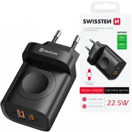 Ładowarki do telefonów - SWISSTEN Czarna Ładowarka sieciowa iWatch, USB-A, USB-C - miniaturka - grafika 1