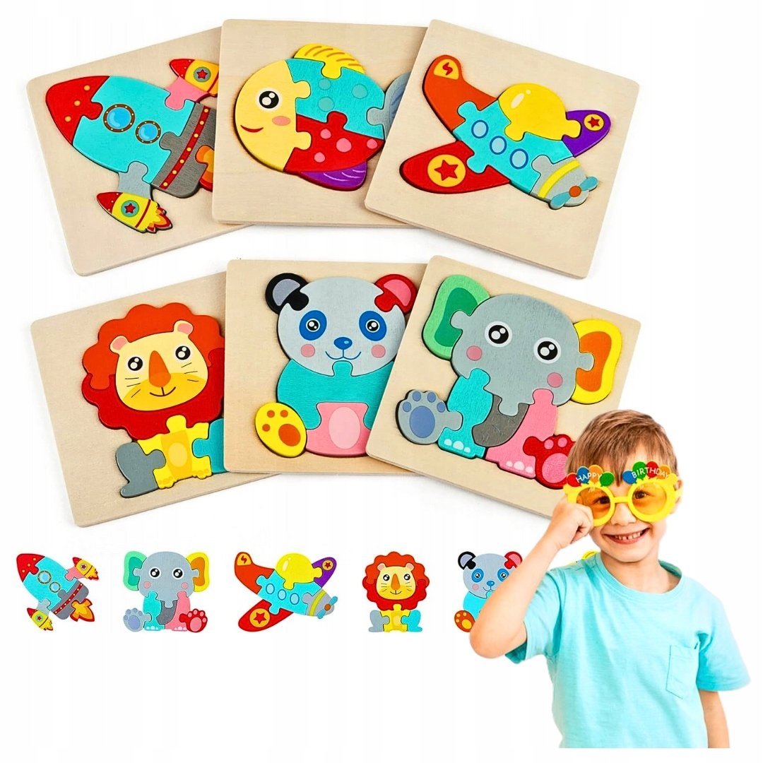 DREWNIANE PUZZLE 3D DLA DZIECI ZABAWKI EDUKACYJNE ROZWÓJ DZIECKA 6szt.