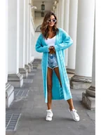 Swetry damskie - DŁUGI SWETER KARDIGAN LORENA Z AŻURKIEM POLSKI PRODUCENT J&K PREMIUM - TURKUSOWY - miniaturka - grafika 1