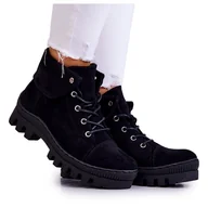 Botki damskie - S.Barski Zamszowe Botki Trapery Wiązane Czarne Dalles - miniaturka - grafika 1