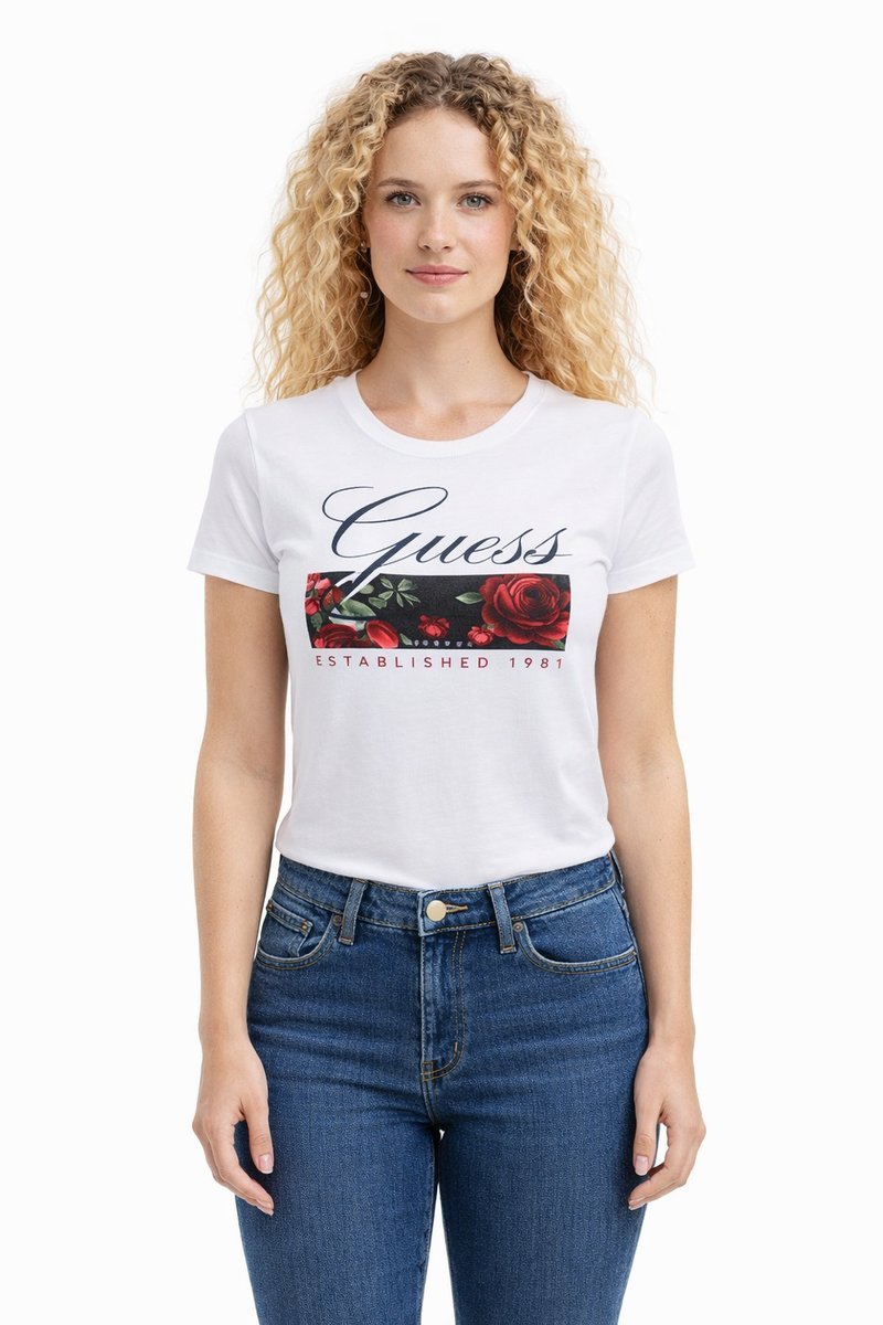 GUESS BIAŁY T SHIRT DAMSKI Z BAWEŁNY I ELASTANU L I4A