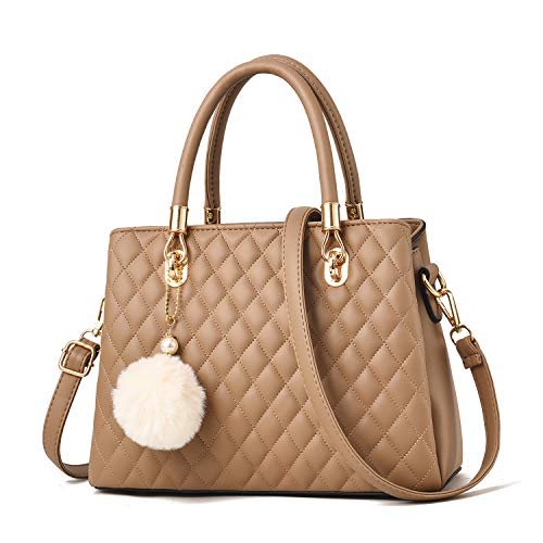 I IHAYNER Damskie skórzane torebki torebki z uchwytem na górze torby tornister torba na ramię dla kobiet z pomponem, Khaki, Medium