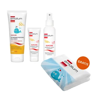 Zestaw Emolium Suncare SPF 50+ krem ochronny 50 ml + spray ochronny 100 ml + ochronne mleczko 125 ml + ręcznik kąpielowy gratis - Kremy dla dzieci - miniaturka - grafika 1