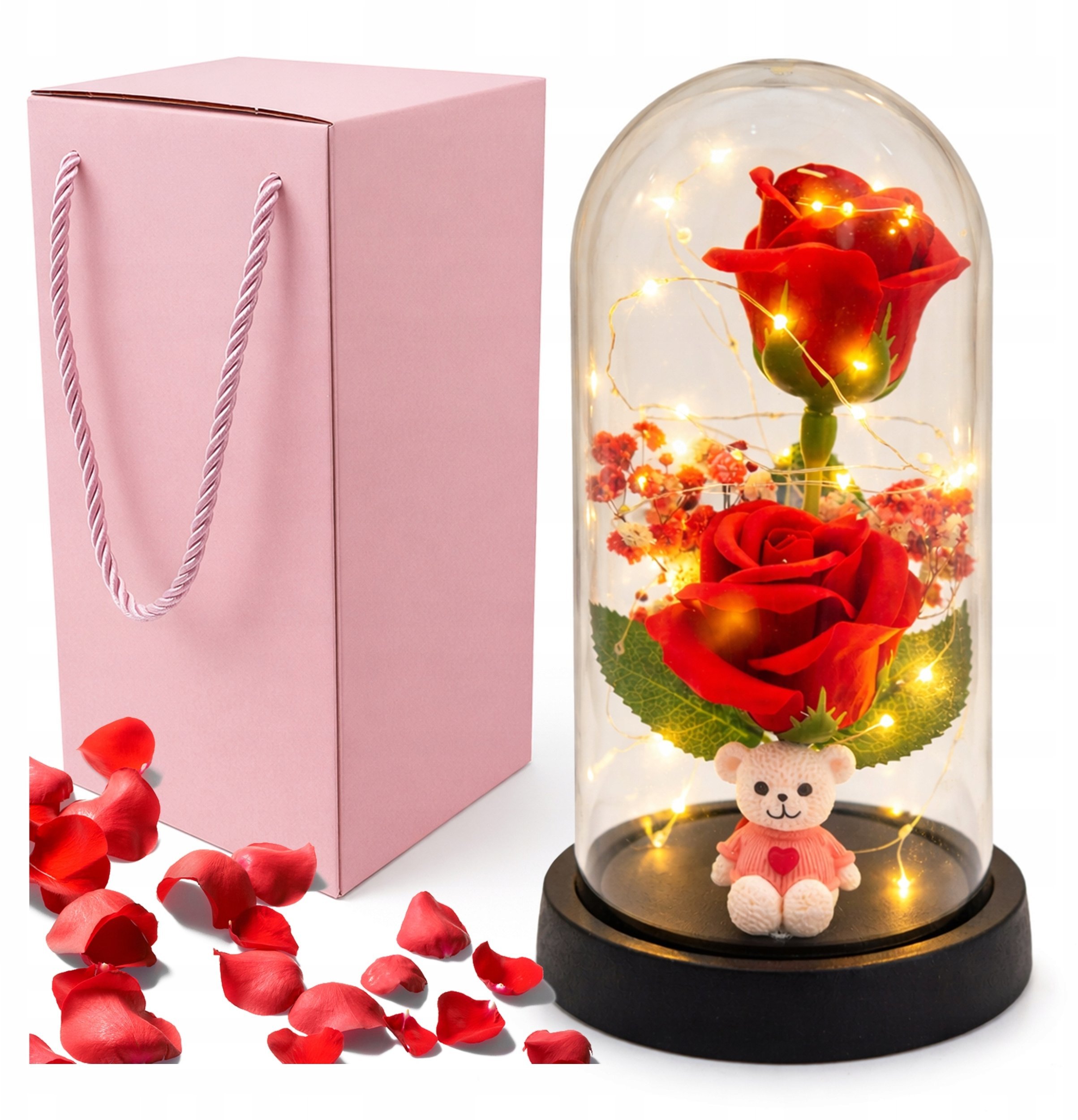 Trifox Wieczny kwiat róża podświetlana z misiem