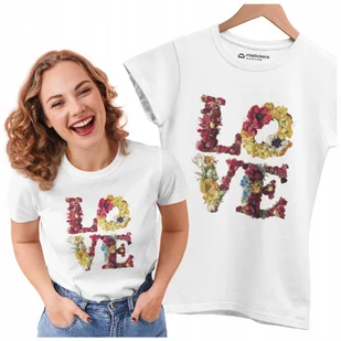 KOSZULKA T-SHIRT DAMSKA Z NADRUKIEM LOVE KWIATY TALIOWANA 100% BAWEŁNA - Koszulki i topy damskie - miniaturka - grafika 1