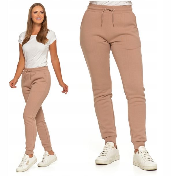 Dresowe Spodnie Damskie Ocieplane Joggery Gładkie Beżowe Klasyczne MORAJ M