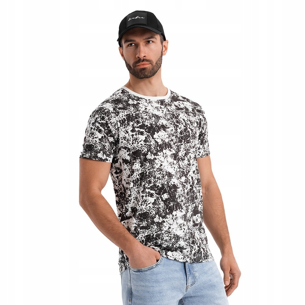 Męska wzorzysta bawełniana koszulka biało-czarna Ombre OM-TSFP-0223 V2 M