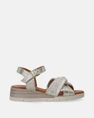 Sandały damskie - Złote sandały skórzane z tłoczeniem na niskim koturnie - Venezia - miniaturka - grafika 1