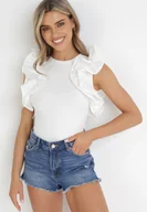 Bluzki damskie - Biały Top z Falbanami przy Ramionach Suenia - miniaturka - grafika 1
