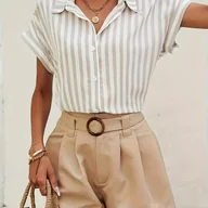 Koszule damskie - TEMU Damska Biało-Beżowa Bluzka w Paski z Krótkim Rękawem - Casualowa Koszula z Kołnierzykiem i Guzikami, Pionowe Paski na Wiosnę, i Jesień, Odporna - miniaturka - grafika 1