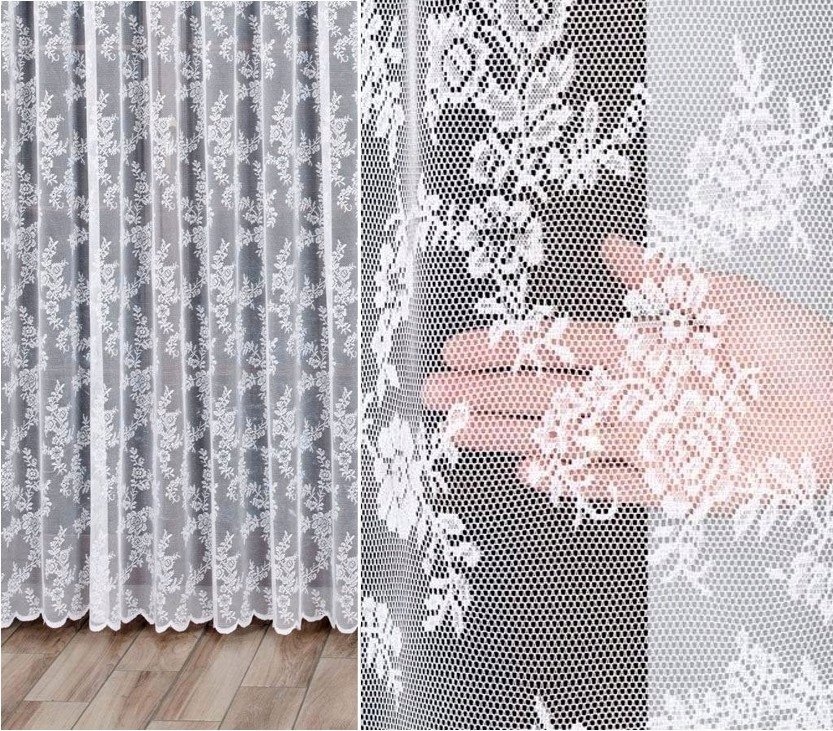 Firana żakardowa wzór 090375, 400x300cm prosta w kwiaty (z obszyciem)