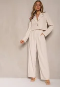 Komplety damskie - Beżowy Komplet o Garniturowym Kroju ze Spodniami i Marynarką z Broszką Ravkio - miniaturka - grafika 1