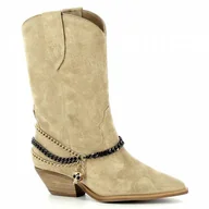 Botki damskie - Beżowe botki kowbojki za kostkę CARINII - Carinii - miniaturka - grafika 1