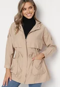 Kurtki damskie - Jasnobeżowa Kurtka Parka z Nieodpinanym Kapturem i Troczkiem w Pasie Mevarie - miniaturka - grafika 1