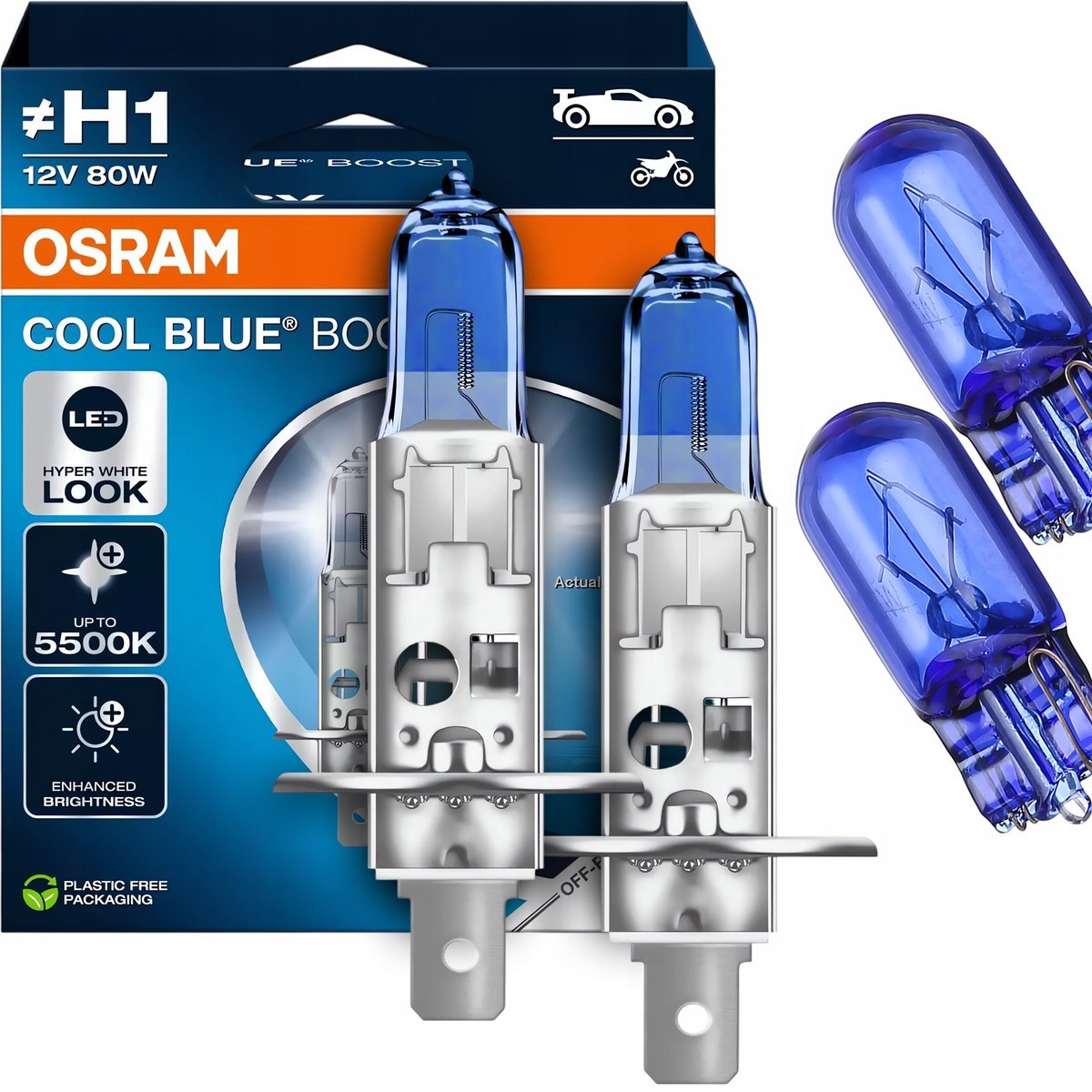 ŻARÓWKI OSRAM H1 COOL BLUE BOOST 5500K 80W BIAŁE ŚWIATŁO + W5W WHITE EFFECT
