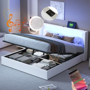 Łóżko tapicerowane Flieks 160x200cm z odtwarzaczem USB i Bluetooth, łóżko na sprężynach skrzyniowych, łóżko podwójne z LED i stelażem listwowym, łóżko młodzieżowe, PU, białe - Łóżka - miniaturka - grafika 1