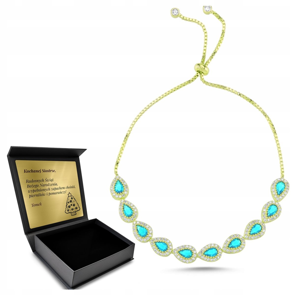 Bransoletka Turecka Srebrna Złota Turkusowa Łza Cudowna Pudełko + Grawer