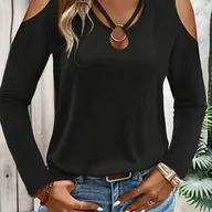 Bluzki damskie - TEMU Stylowa i Elegancka Casual Koszulka Damska z Okrągłym Dekoltem na Ramię 2025 Wiosna/Jesień – Jednokolorowy Krój, Długie Rękawy - miniaturka - grafika 1