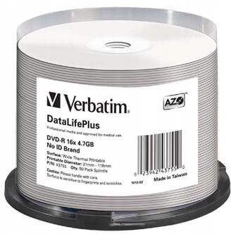 Verbatim DVD-R DataLifePlus Wide Thermal Printable 4.7GB 16x 50-pack 12cm