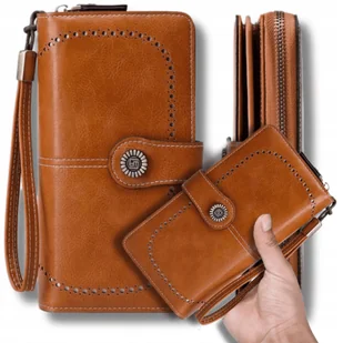 Portfel damski skórzany duży lakierowany pojemny RFID z paskiem brązowy - Portfele - miniaturka - grafika 1