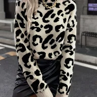 Swetry damskie - TEMU Sweter z Wysokim Kołnierzem w Lamparcie Wzory dla Kobiet - Elegancka Czarno-Biała Kurtka Sweter z Opadającymi Ramionami i Długimi Rękawami, - miniaturka - grafika 1