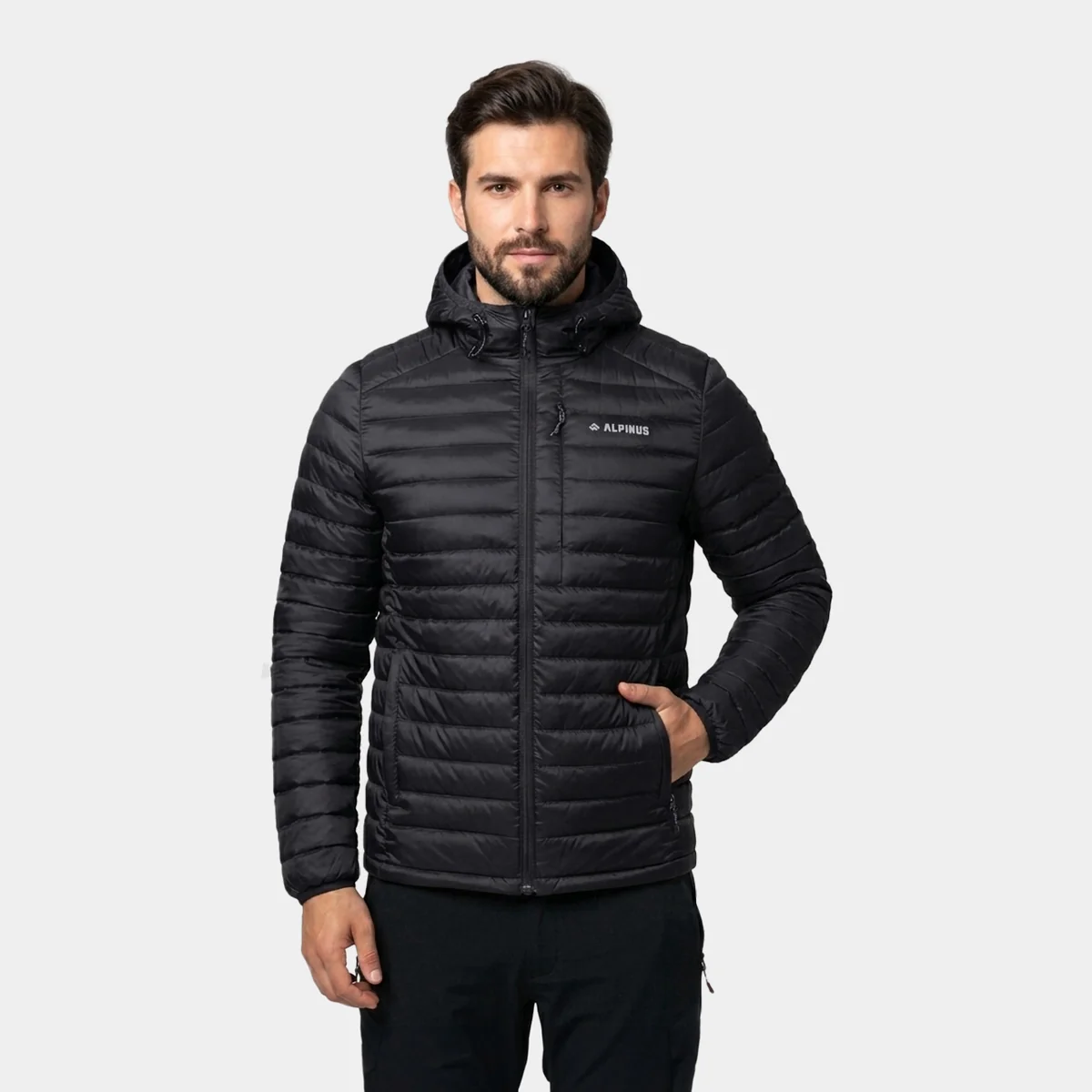 Kurtka męska puchowa Alpinus Kiruna czarna 3XL lekka, przejściowa, wiosna, jesień zima z kapturem, DWR