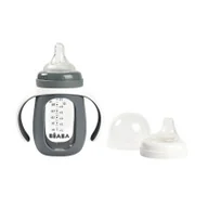Butelki dla niemowląt - Beaba Szklana butelka treningowa w silikonowej osłonce 2w1 Mineral grey 210 ml - miniaturka - grafika 1