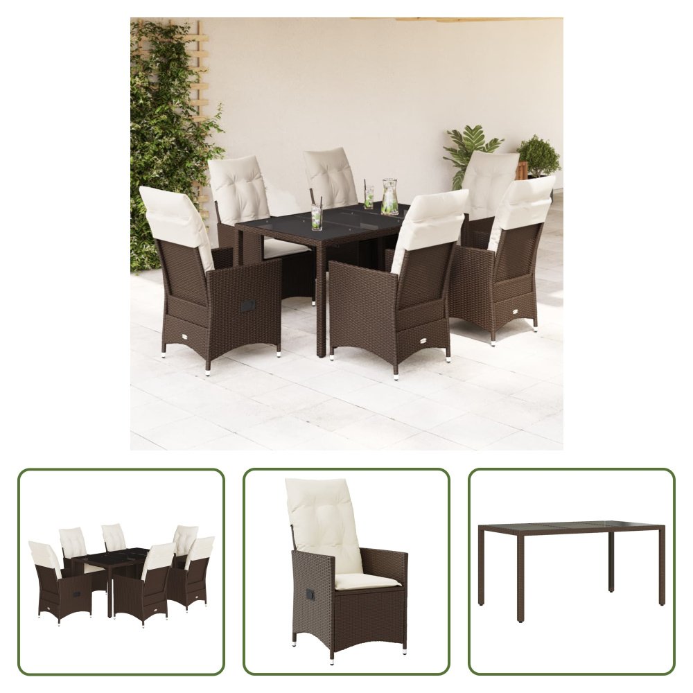 The Living Store 7-częściowy ogrodowy zestaw jadalniany z poduszkami z brązowego polirattanu