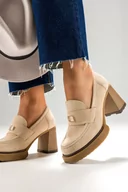 Mokasyny damskie - Beżowe mokasyny skórzane damskie na szerokim klocku złota ozdoba PRODUKT POLSKI Casu 20169-39 - miniaturka - grafika 1