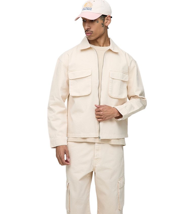 BOOHOOMAN KOSZULA CASUAL BEŻOWA KRÓTKIE KIESZENIE ZAMEK XS Z3A