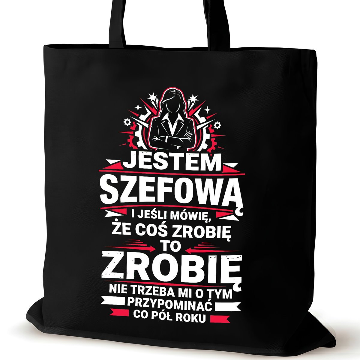 Torba bawełniana szefowej czarna na ramię nadrukiem duża biura przypominać