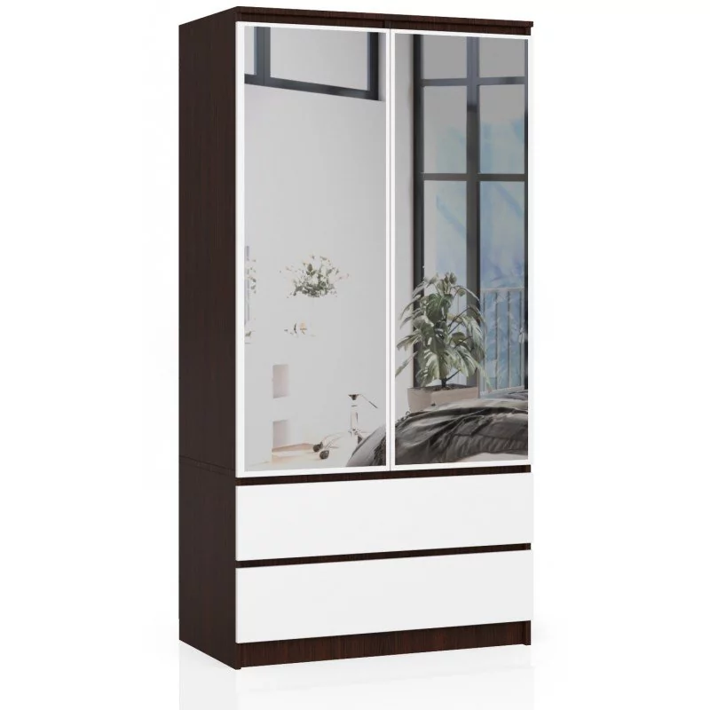 Szafa AKORD S90 Wenge 90 cm z lustrem - 2 drzwi, 2 szuflady, fronty kolor Biały, mat, 4 półki - 90x51x180 cm