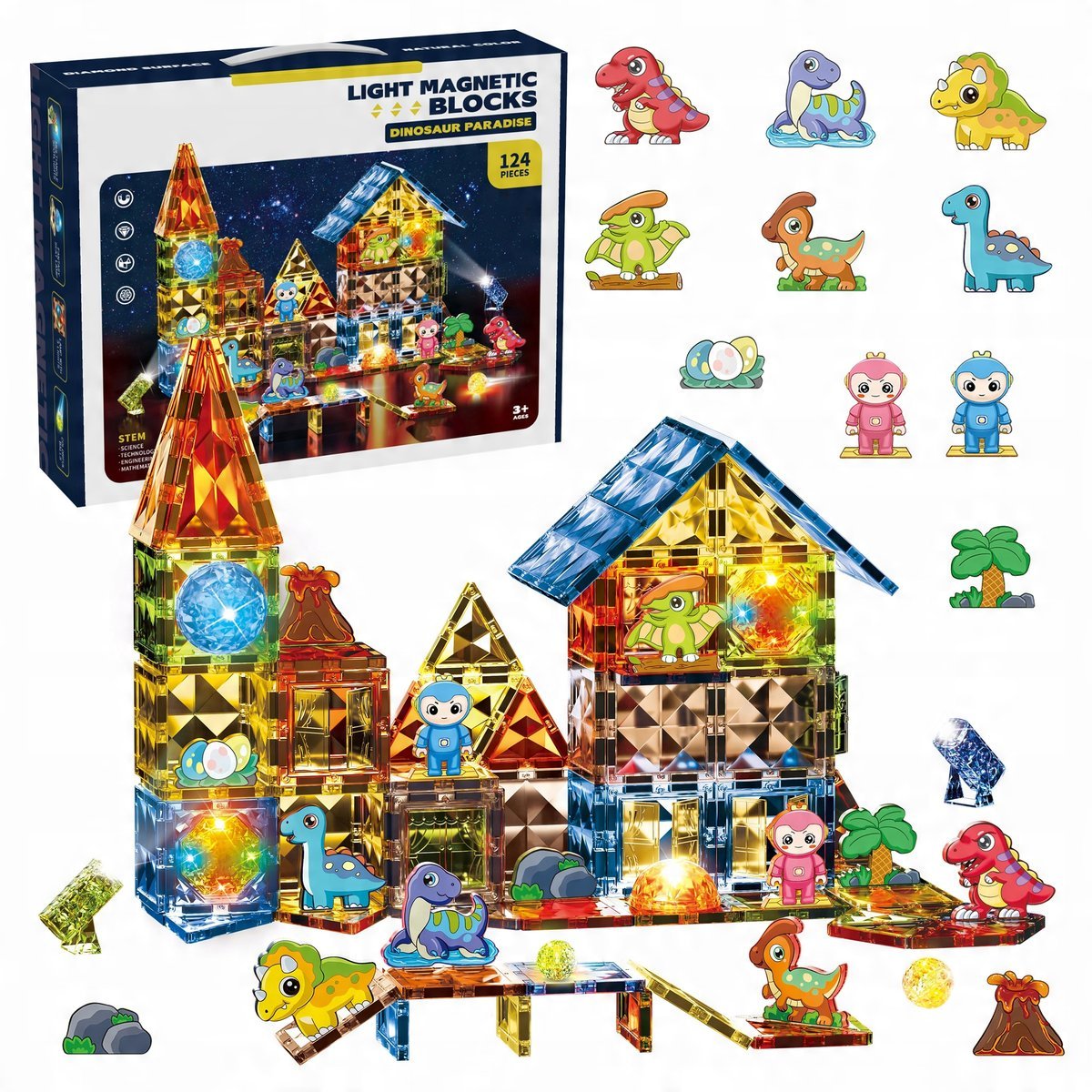 Świecące Klocki Konstrukcyjne Magnetyczne Dinozaury Dolina Dinozaurów 124El