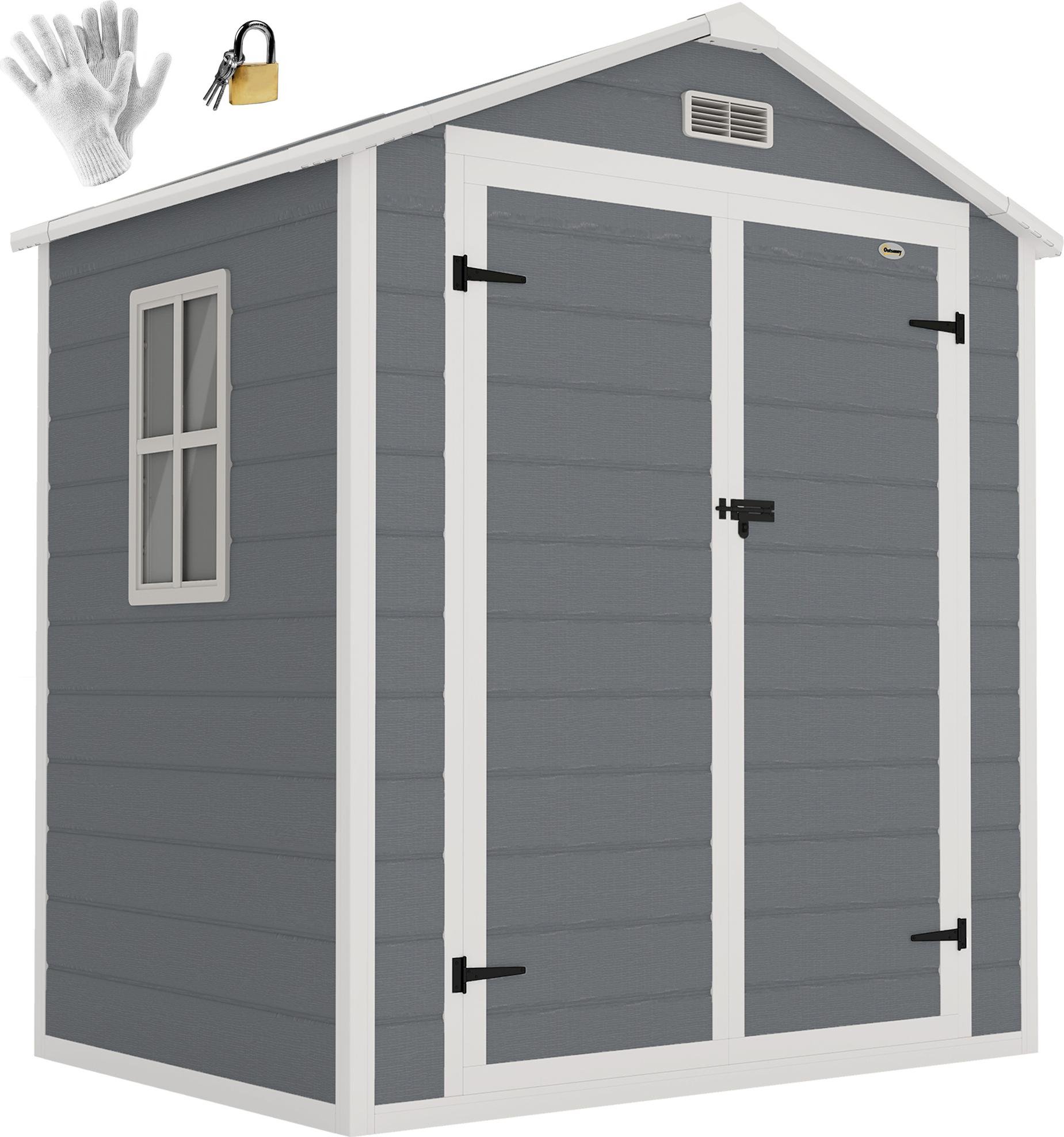 Domek narzędziowy Outsunny 2,12 m² 183x134x210 cm z dachem dwuspadowym, zamykanymi drzwiami i oknem, podstawą odporną na warunki atmosferyczne, szopą ogrodową, szafką na podwórko, na zewnątrz, w kolorze szarym
