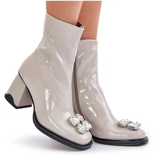 S.Barski Lakierowane Botki Damskie Na Słupku Z Ozdobą D&A MR880-019 Jasnoszare - Botki damskie - miniaturka - grafika 1