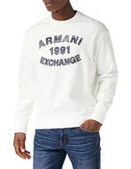 Bluzy męskie - Armani Exchange Męska bluza z okrągłym dekoltem, nadruk logo z przodu, mankiet, biały, XL - miniaturka - grafika 1