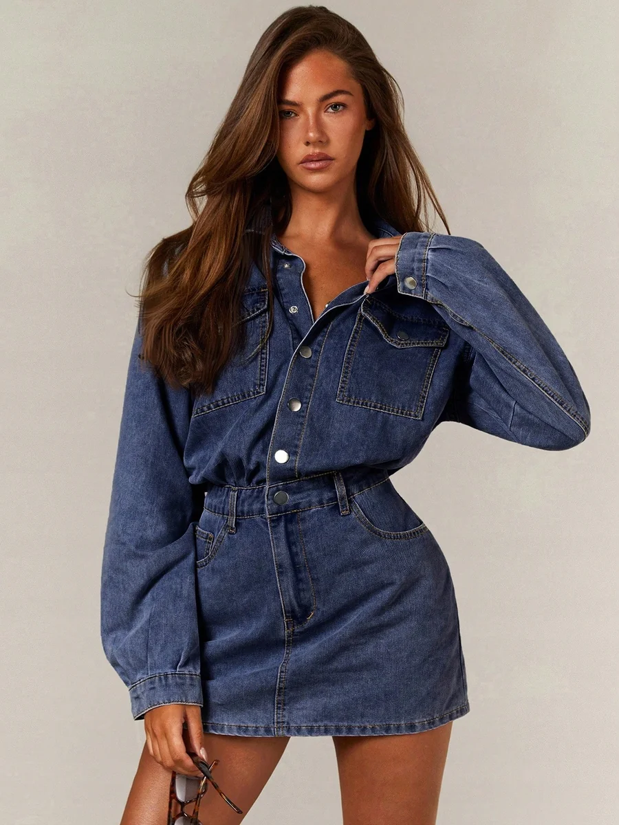 SHEIN JEANSOWA SUKIENKA MINI Z KOŁNIERZYKIEM I KIESZENIAMI M 1ŁA