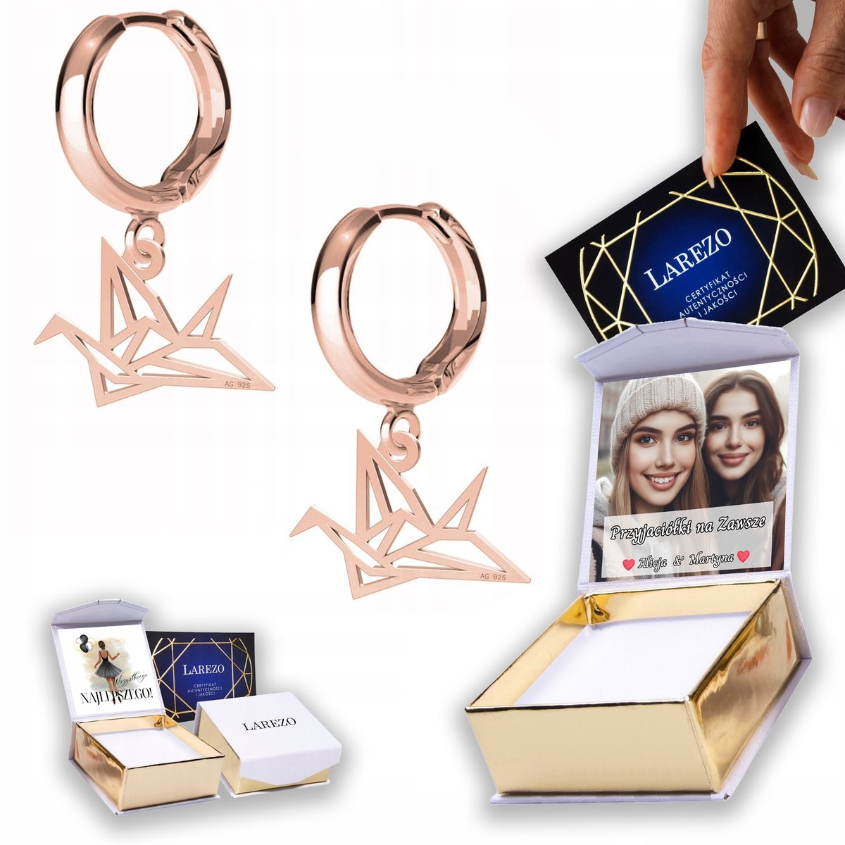 Kolczyki Pozłacane 925 Ptak Origami Ażurowe Ptaki Ptaszki Bird NADRUK