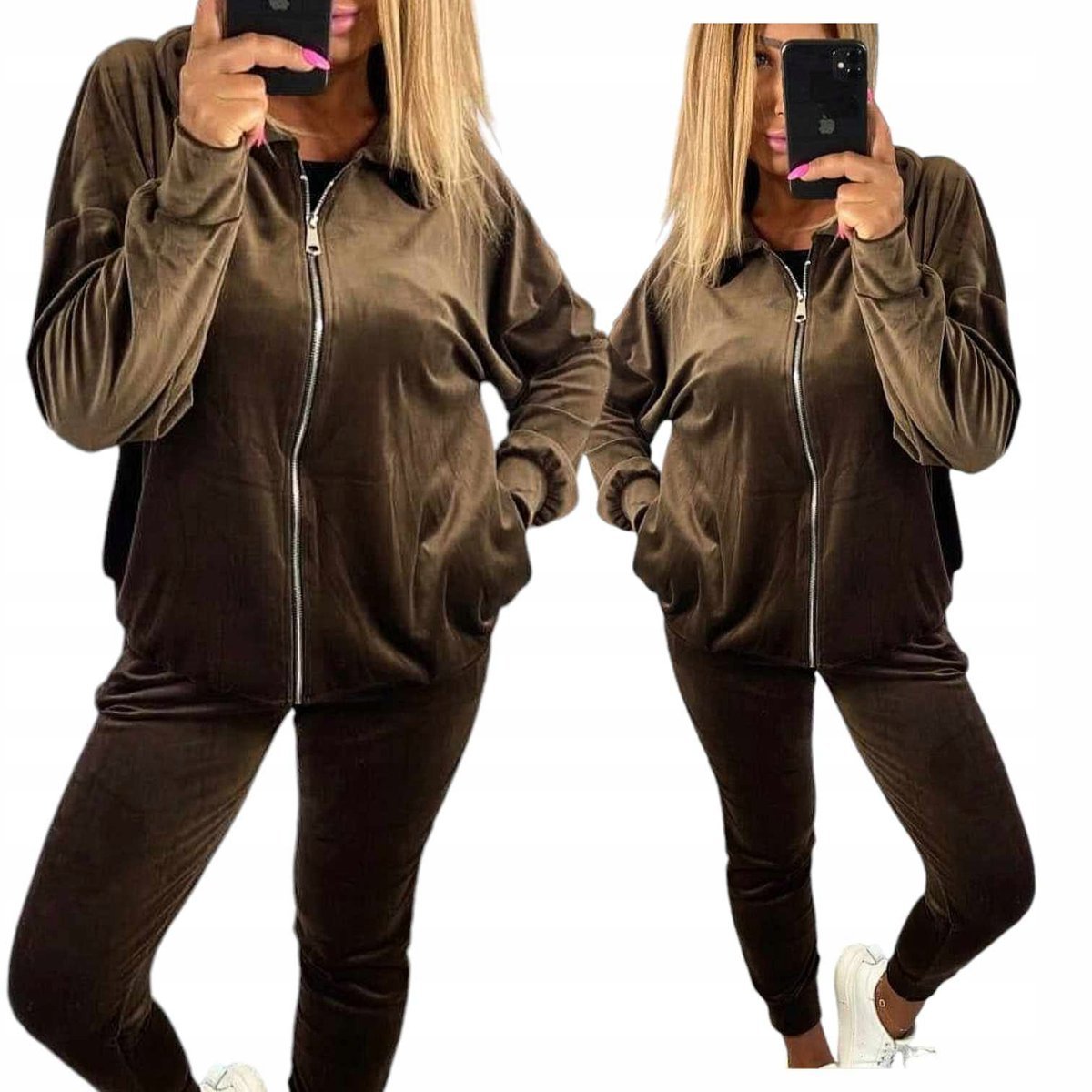 Dres Damski Welurowy 50 52 5xl 6xl Rozpinany czekolada wygodny otulający hi