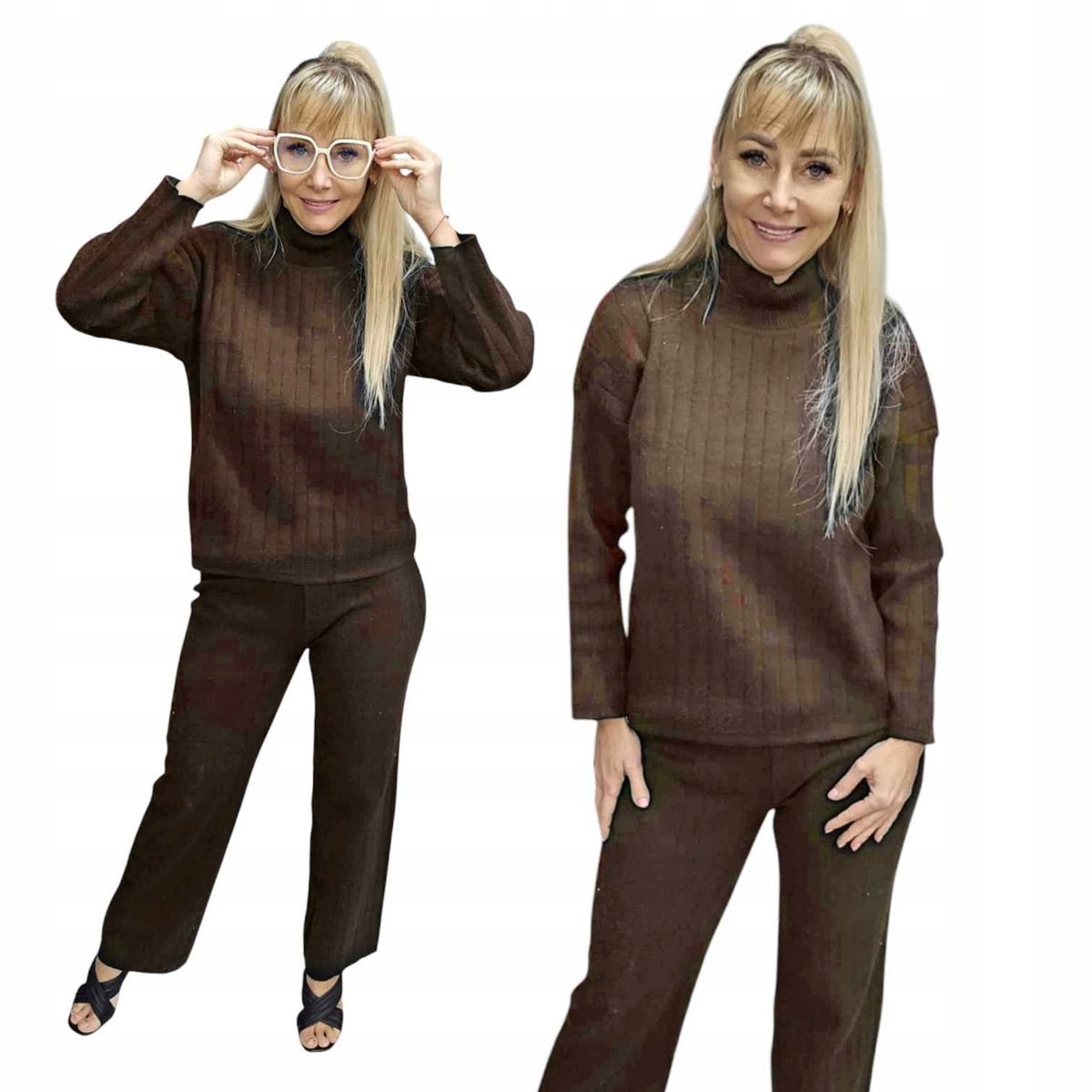 ELEGANCKI KOMPLET SWETERKOWY PRĄŻEK wygodny na co dzień ciepły 38 40 M L