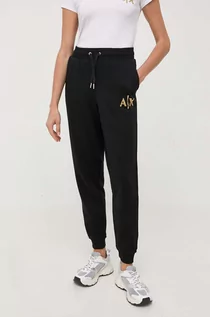 Spodnie damskie - Armani Exchange spodnie dresowe bawełniane kolor czarny gładkie - grafika 1