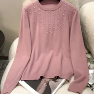 Bluzy damskie - TEMU Sweter Damski z Eleganckimi Perłami - Miękka, Elastyczna Bluza z Okrągłym Dekoltem i Długim Rękawem, Jednokolorowy na Każdą Porę Roku do - miniaturka - grafika 1