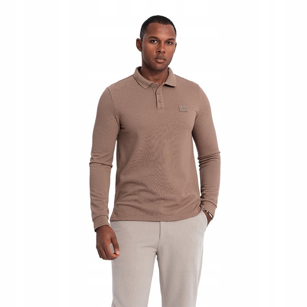 Męski strukturalny longsleeve polo z naszywką brązowy V4 OM-POLS-0131 XL